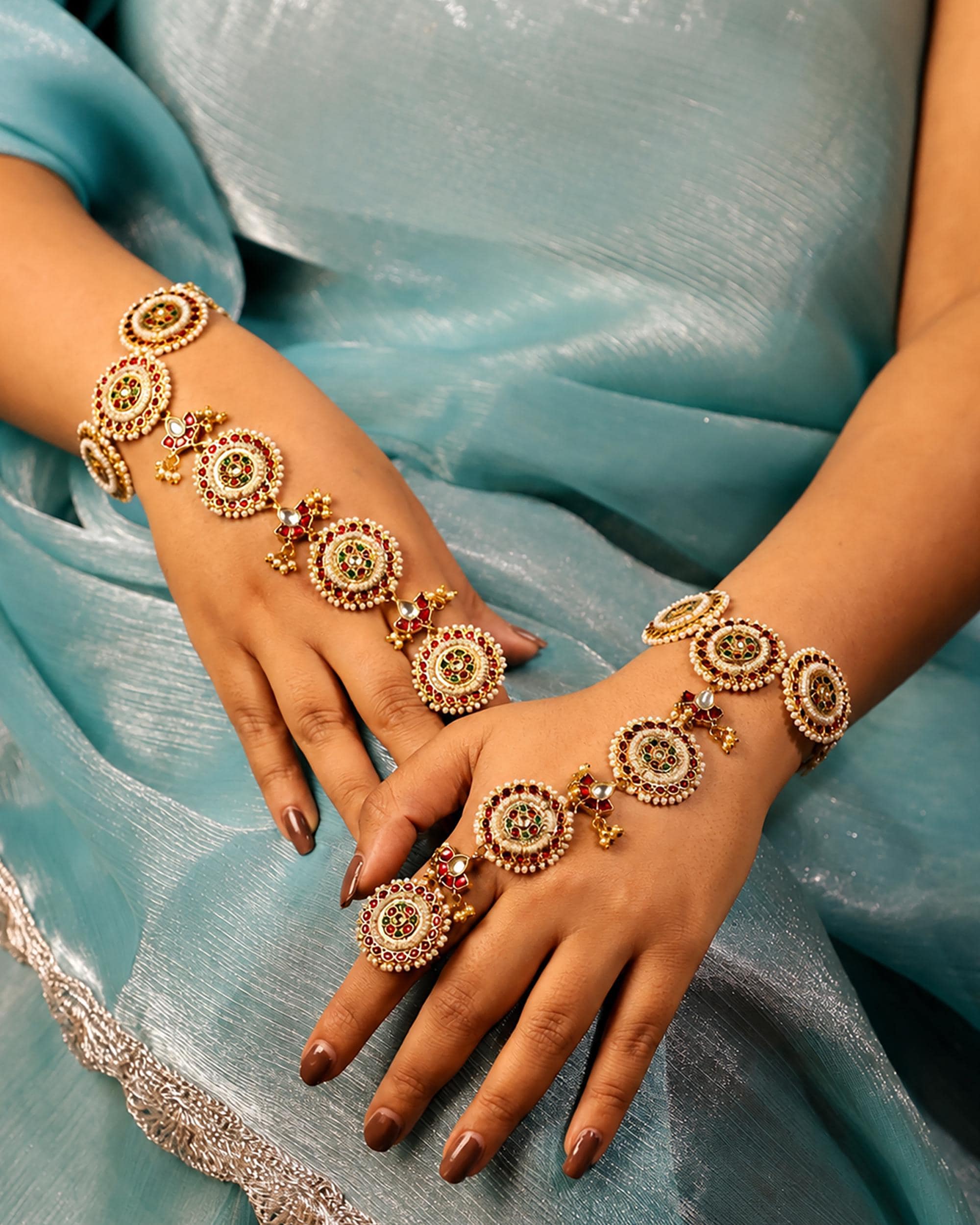 Kundan Haathphool Indian Hand Harness | Red Green Pearl Bridal Wedding Jewelry
