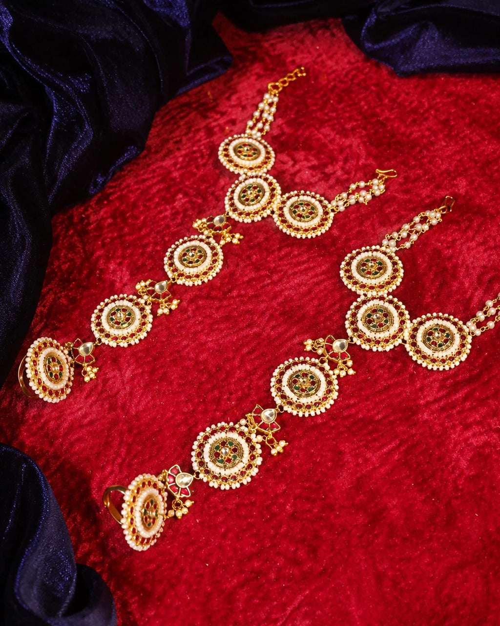 Kundan Haathphool Indian Hand Harness | Red Green Pearl Bridal Wedding Jewelry