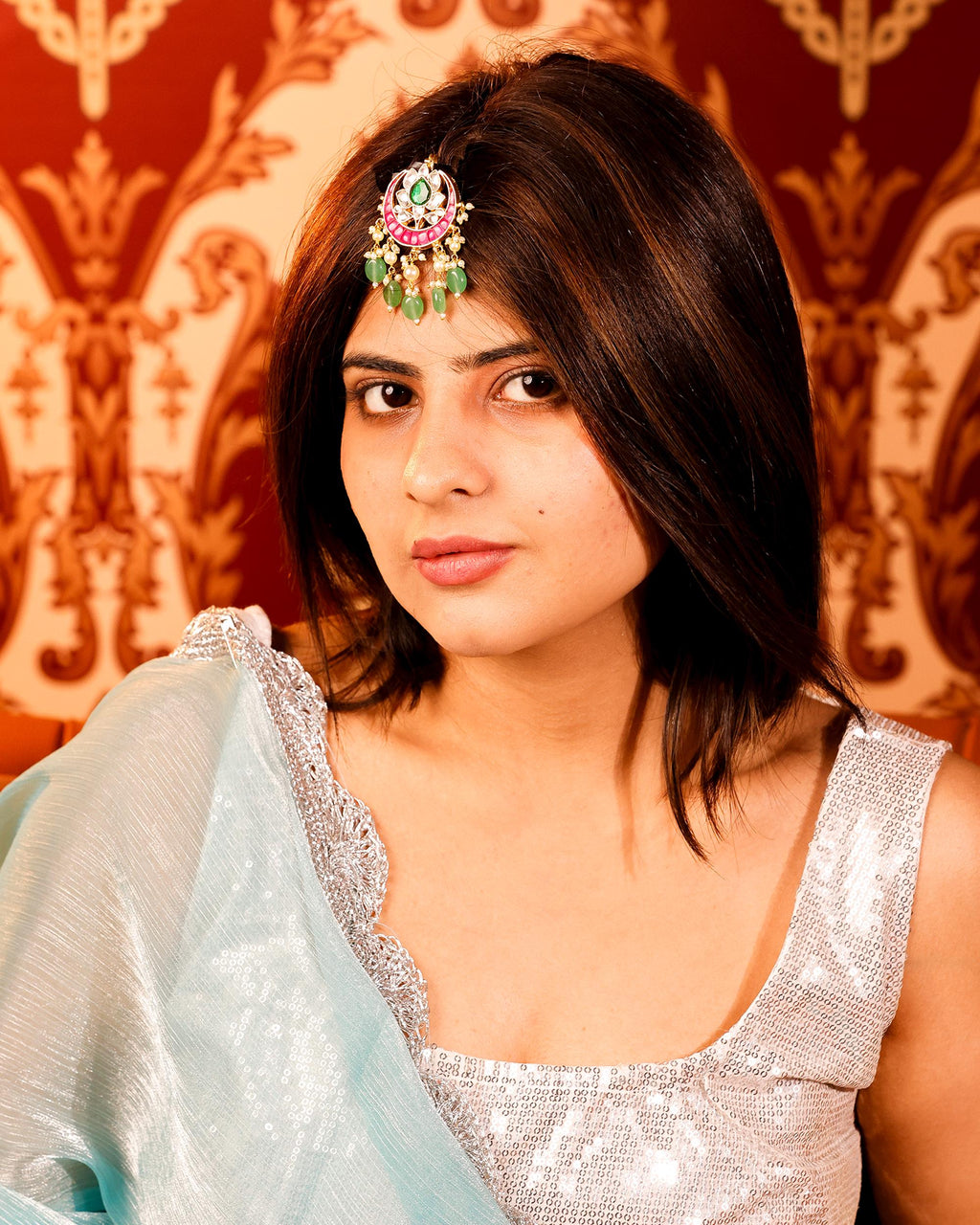 Kundan Hair Brooch | Pink Green Stones, Pearls, Bridal Braid Accessory