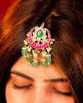 Kundan Hair Brooch | Pink Green Stones, Pearls, Bridal Braid Accessory