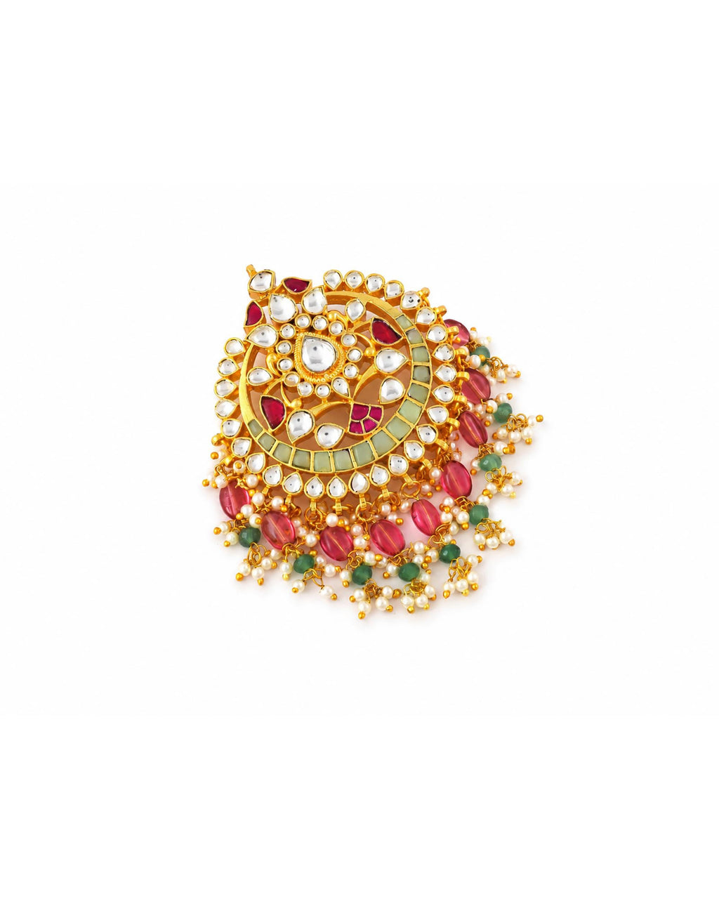 Traditional Kundan Hair Brooch | Red Green Stone Bridal Accessory, Pearl Braid Ornament