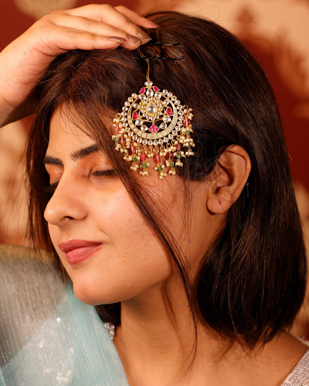 Traditional Kundan Hair Brooch | Red Green Stone Bridal Accessory, Pearl Braid Ornament