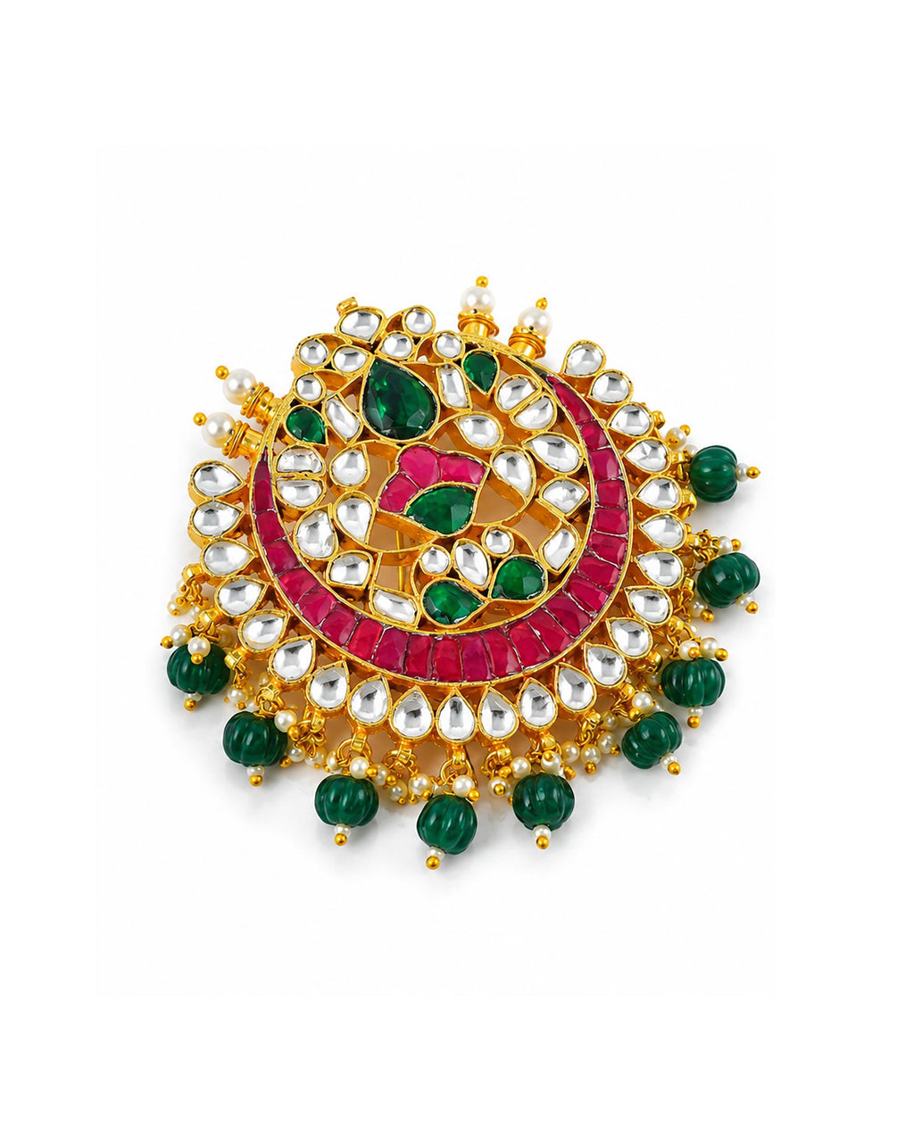 Kundan Hair Brooch | Pink Green Stone Bridal Accessory, Pearl Braid Ornament