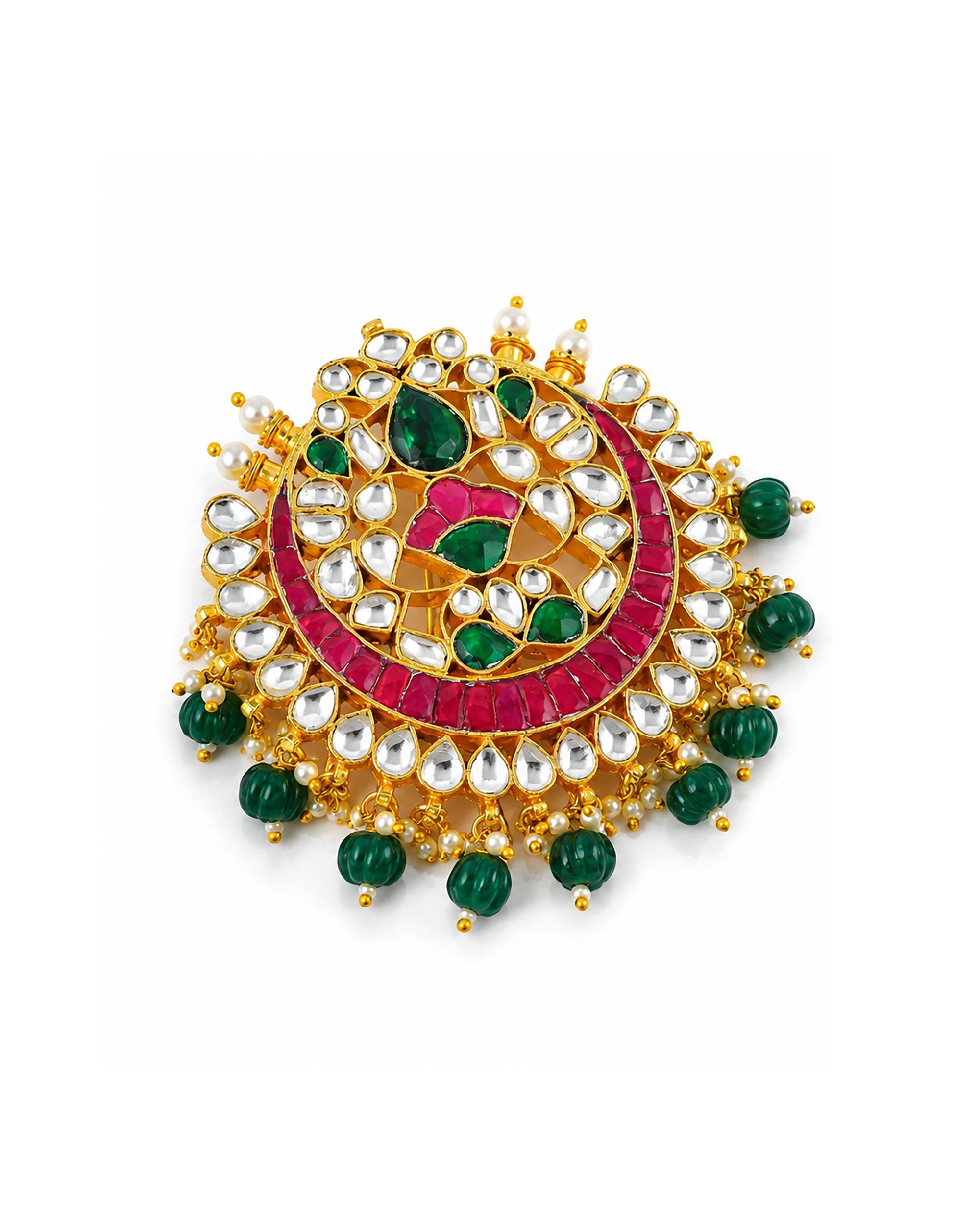 Kundan Hair Brooch | Pink Green Stone Bridal Accessory, Pearl Braid Ornament