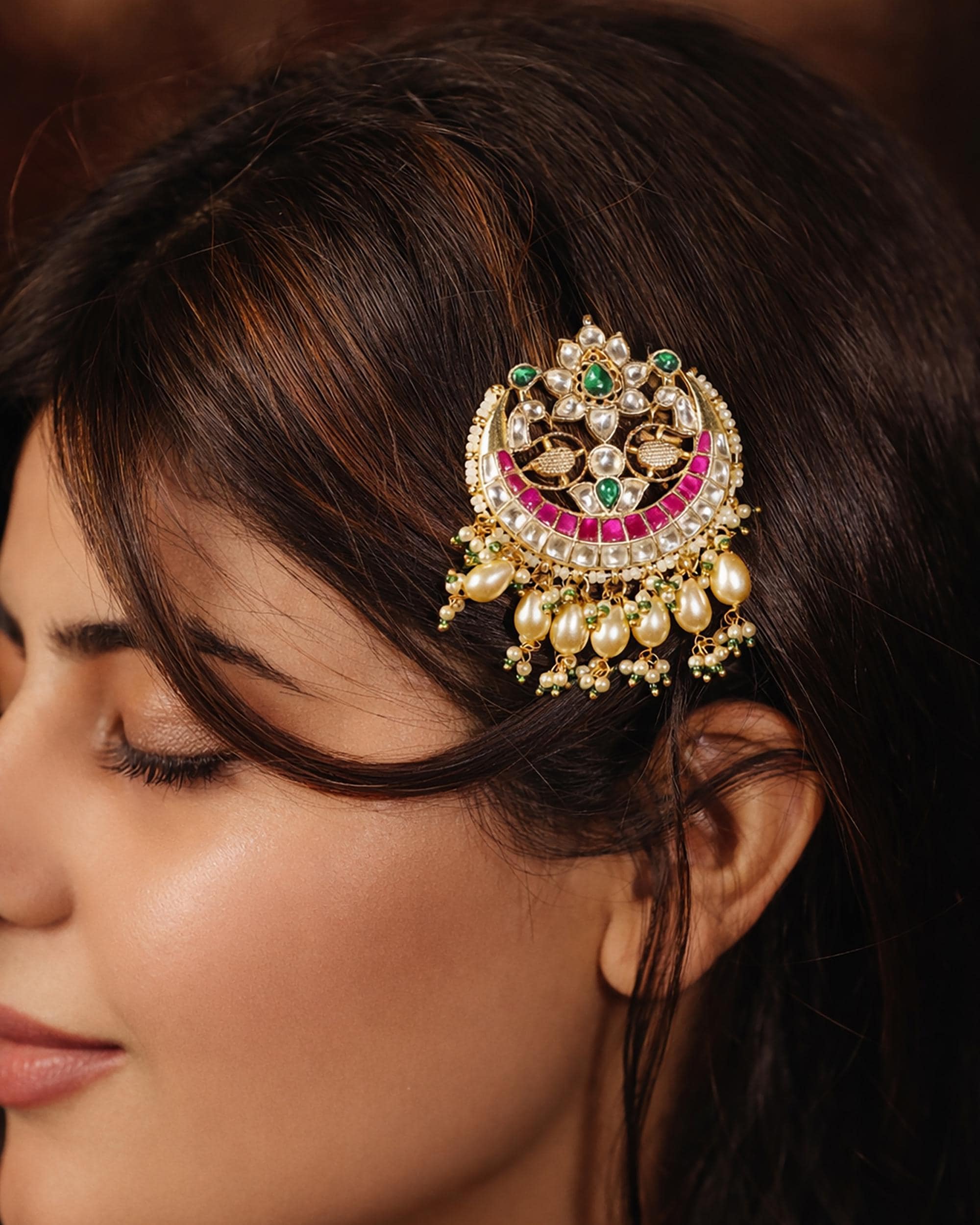 Traditional Kundan Hair Brooch | Ruby Pearl Bridal Hair Accessory, Indian Wedding Pin