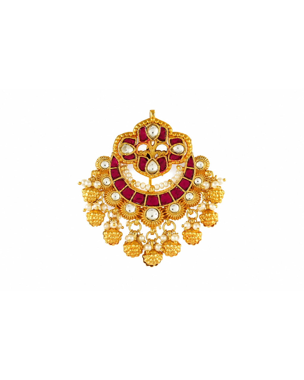 Kundan Hair Brooch | Ruby Stone Bridal Accessory, Pearl Braid Ornament