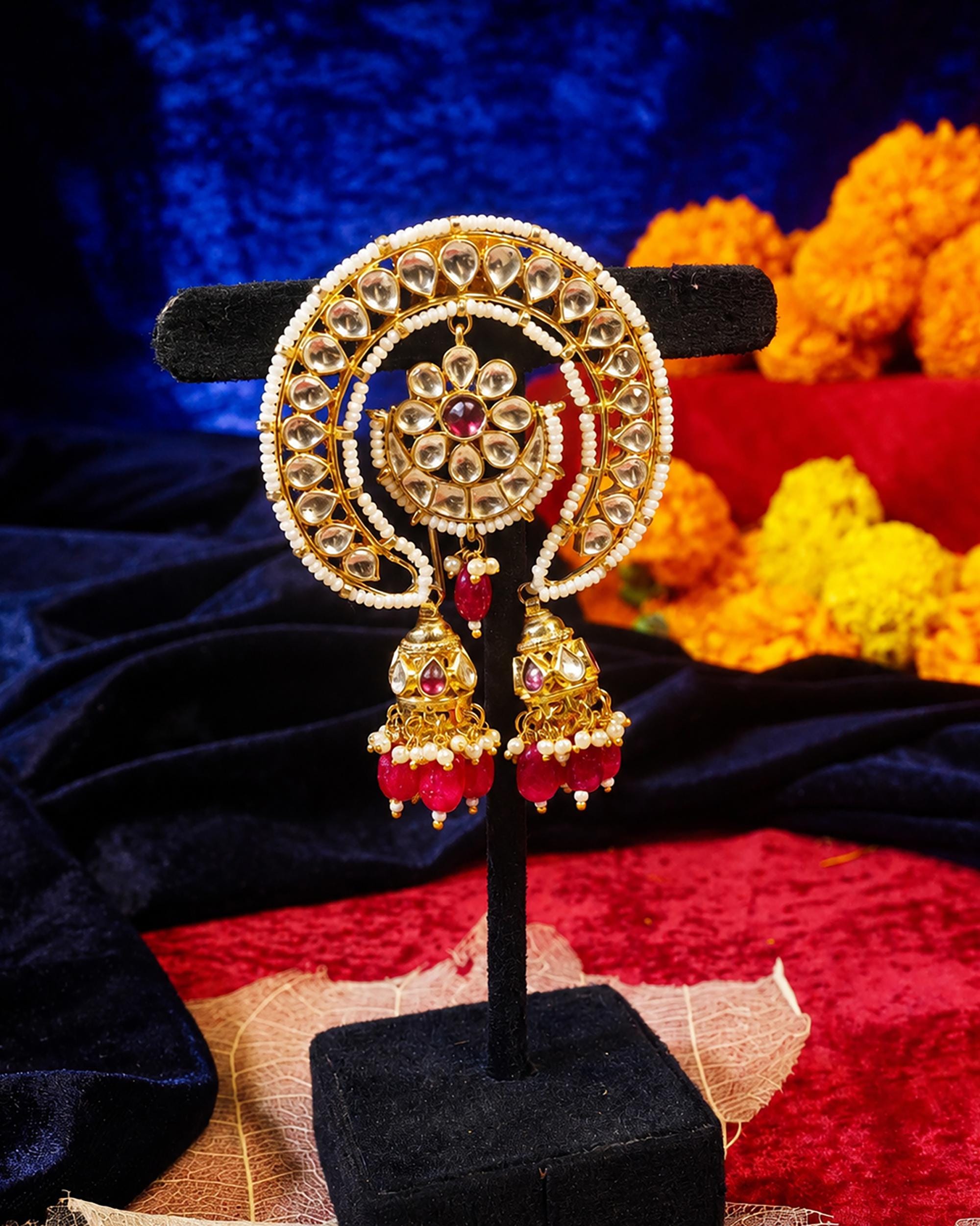 Kundan Hair Brooch | Red Stone Bridal Hair Accessory | Indian Wedding Jhumki Pearl Braid Ornament
