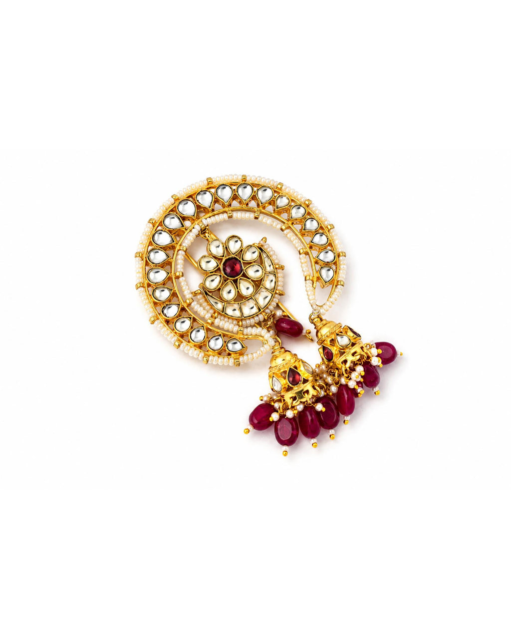 Kundan Hair Brooch | Red Stone Bridal Hair Accessory | Indian Wedding Jhumki Pearl Braid Ornament