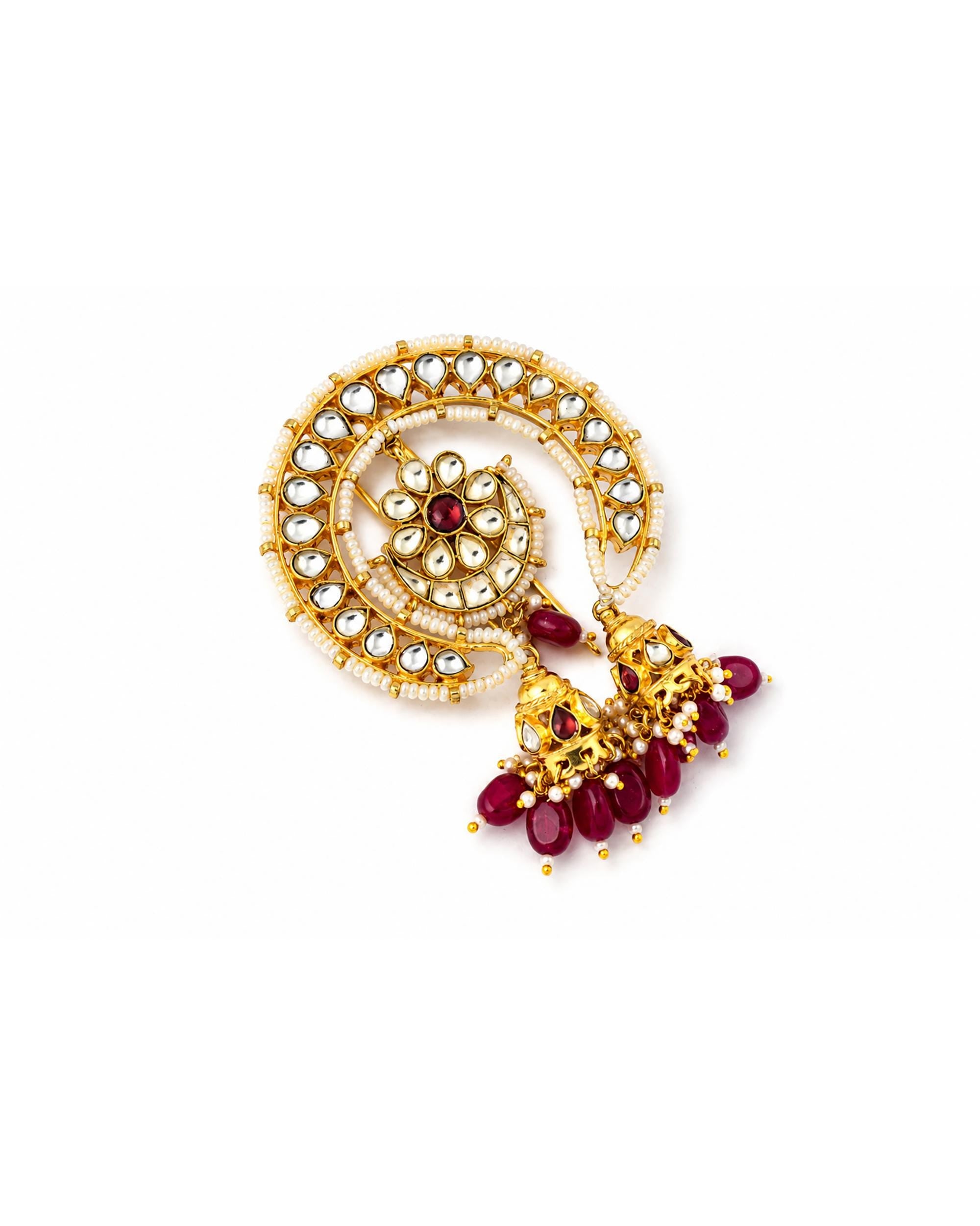 Kundan Hair Brooch | Red Stone Bridal Hair Accessory | Indian Wedding Jhumki Pearl Braid Ornament