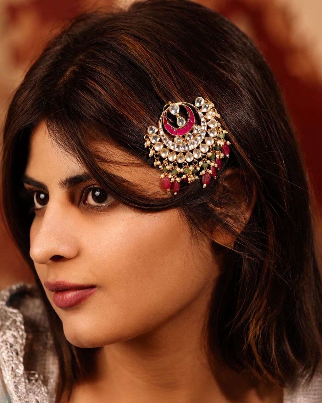 Traditional Kundan Hair Brooch | Pink Stone Bridal Accessory | Indian Wedding Braid Ornament