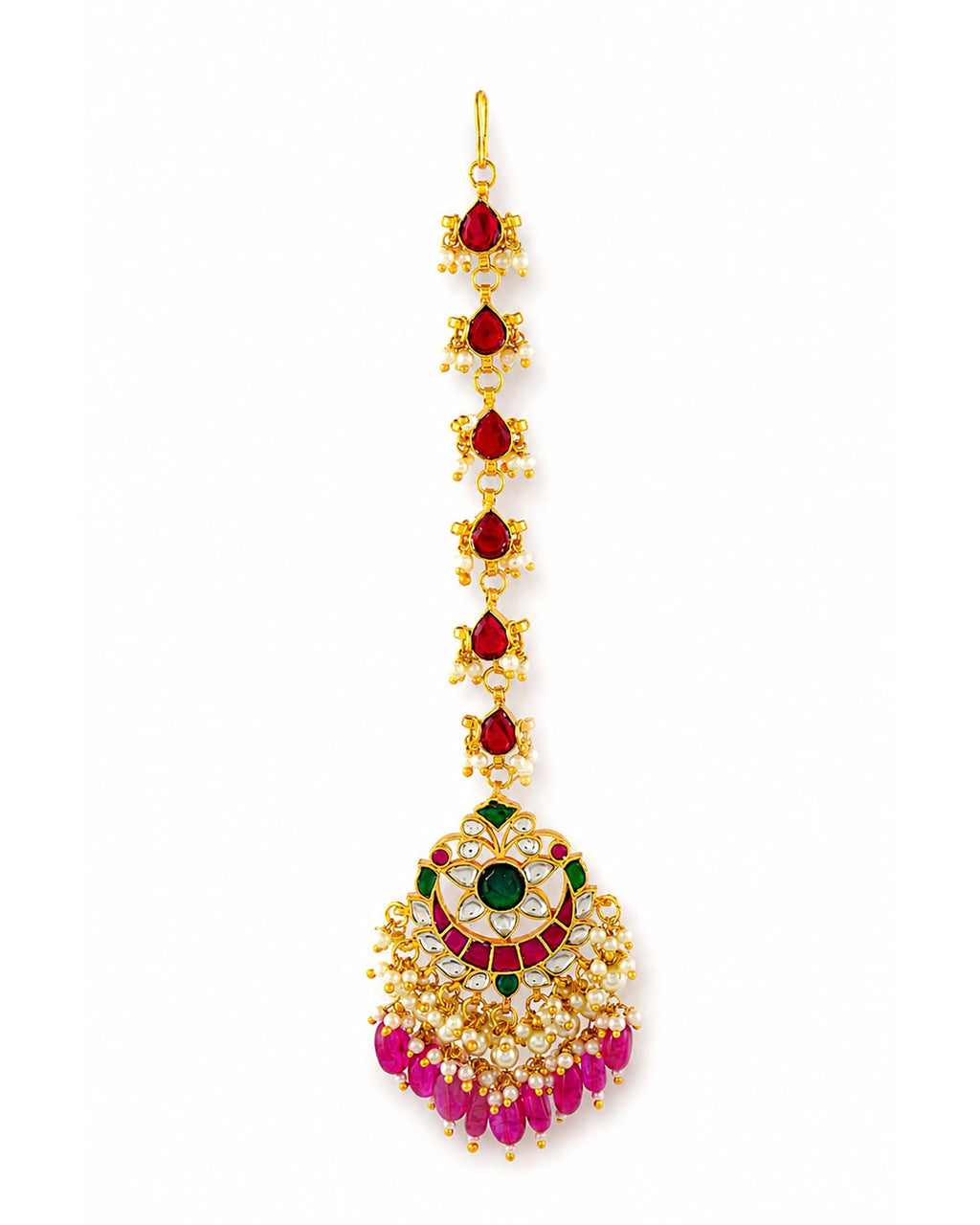 Traditional Kundan Maang Tikka | Bridal Headpiece with Red, Green Stones