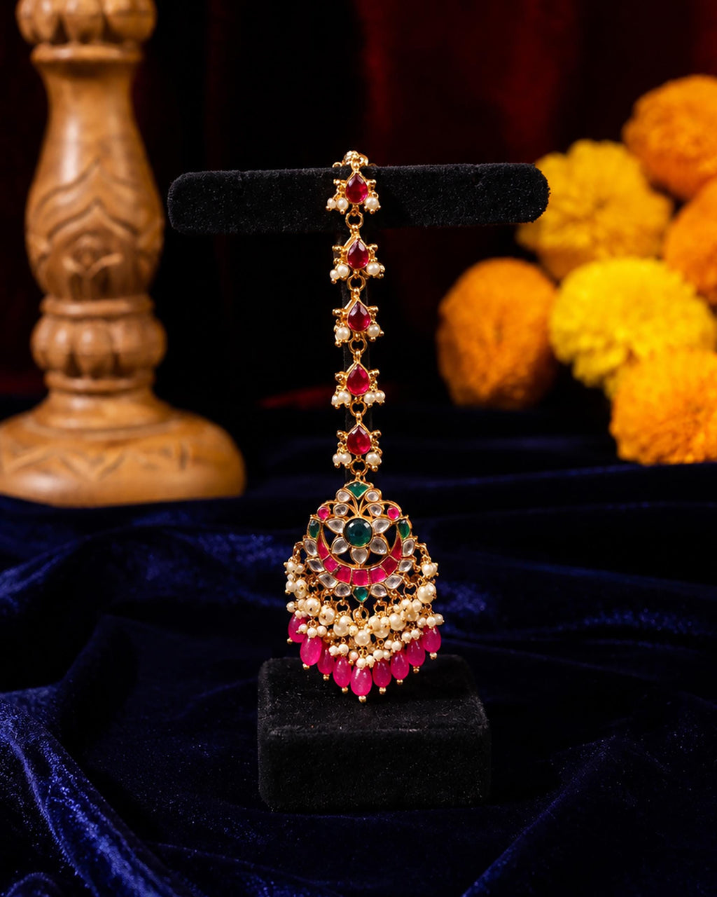 Traditional Kundan Maang Tikka | Bridal Headpiece with Red, Green Stones