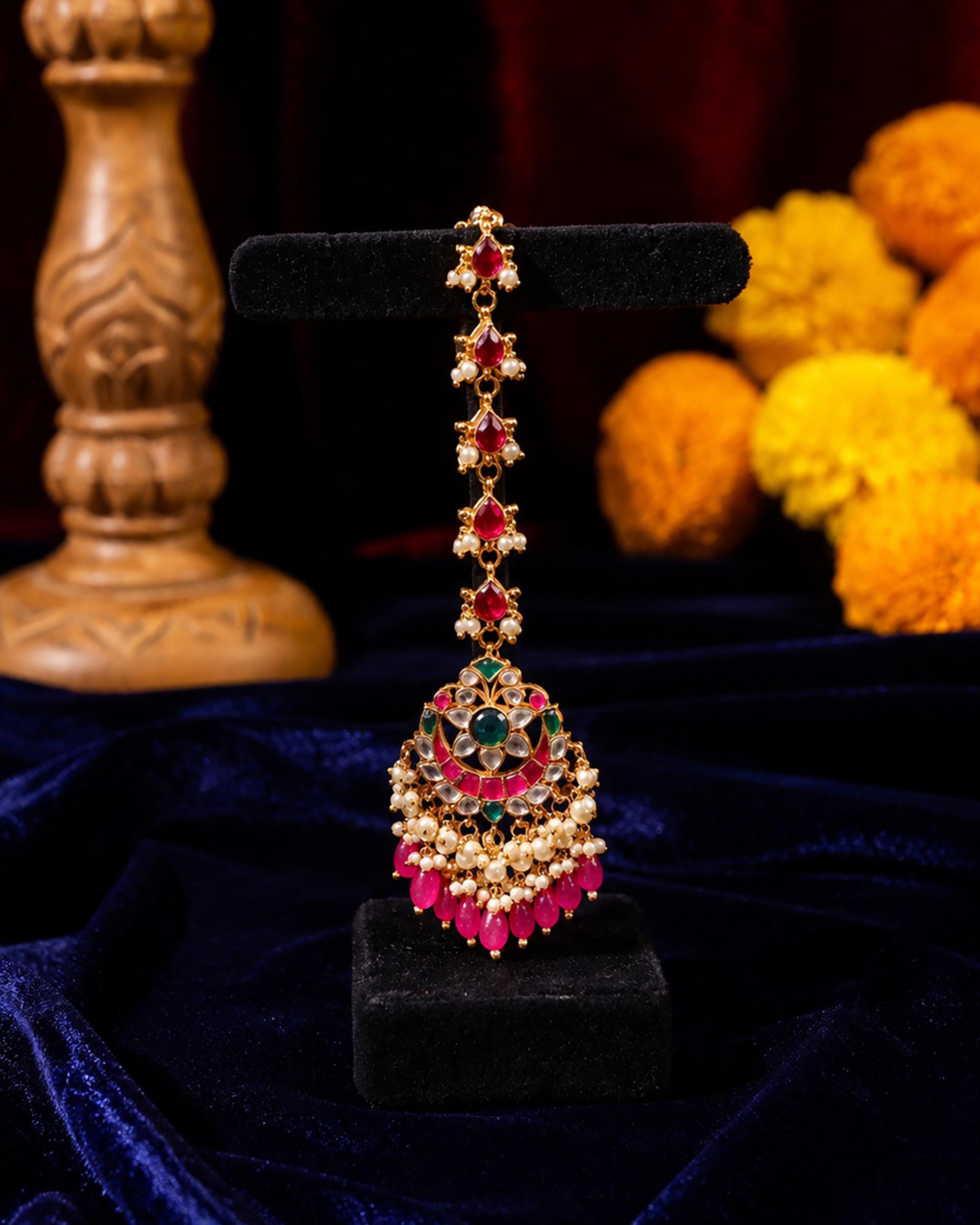 Traditional Kundan Maang Tikka | Bridal Headpiece with Red, Green Stones