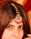 Traditional Kundan Maang Tikka | Bridal Headpiece with Red, Green Stones