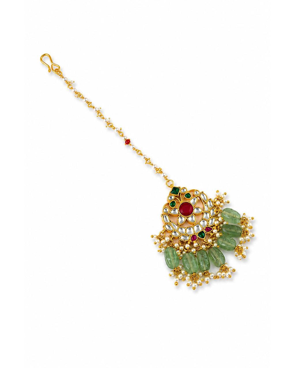 Handcrafted Kundan Maang Tikka | Gold-Toned Mint Green Stone Bridal Headpiece