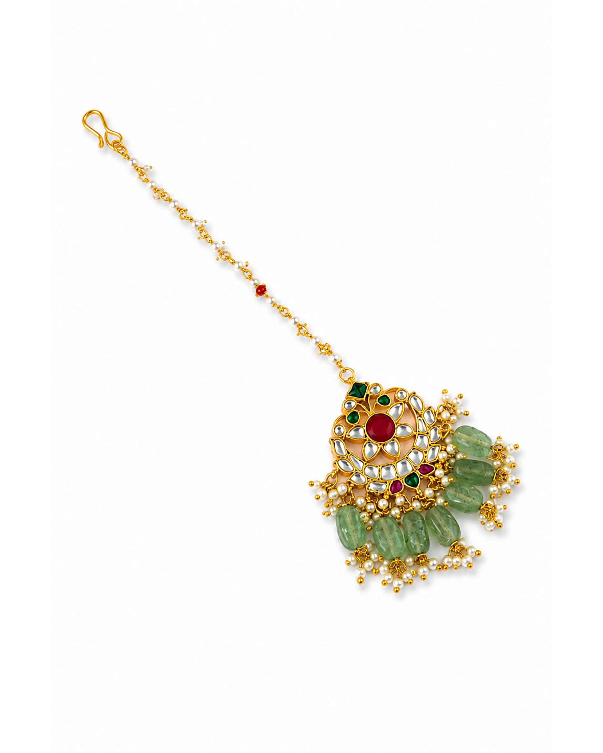 Handcrafted Kundan Maang Tikka | Gold-Toned Mint Green Stone Bridal Headpiece