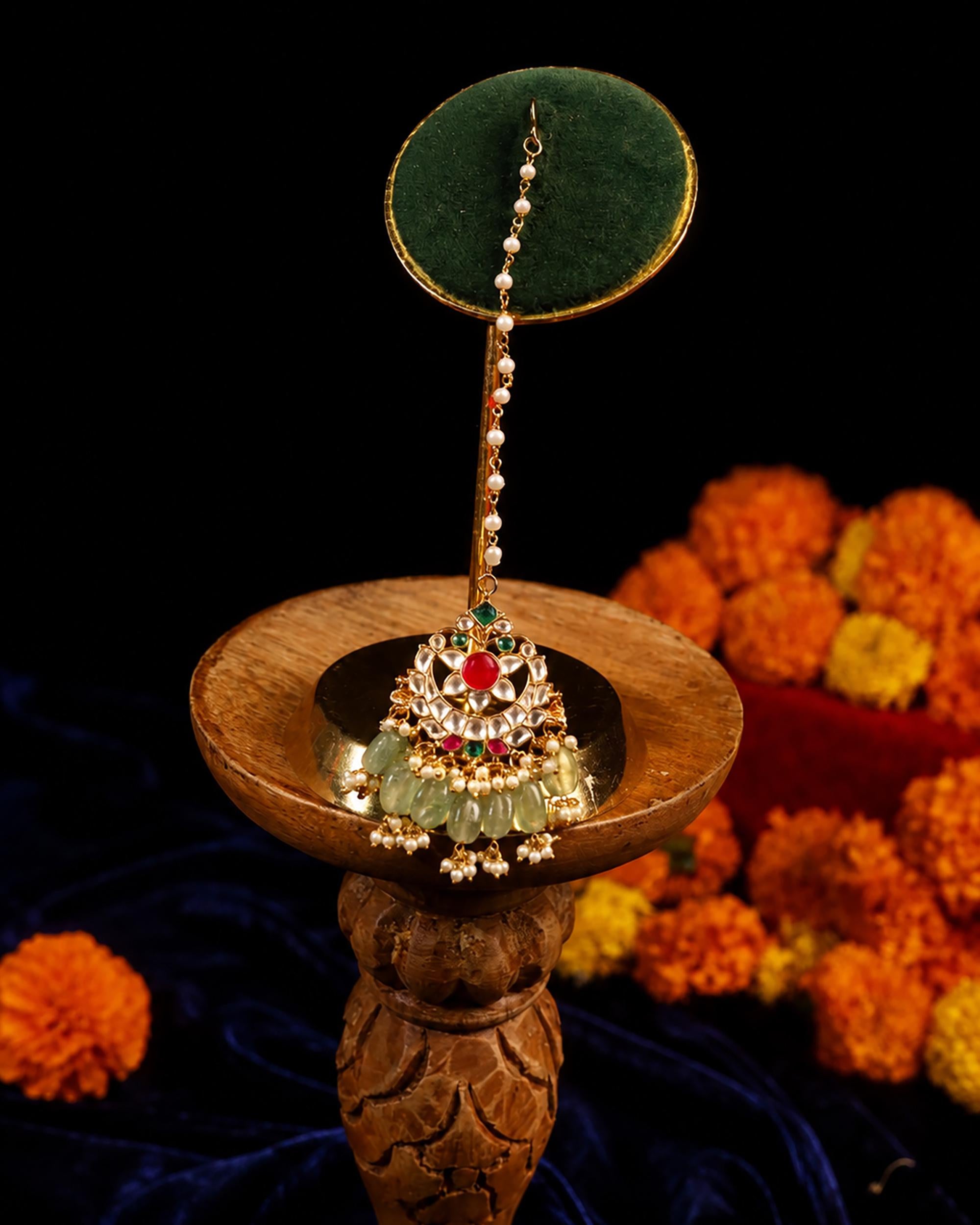 Handcrafted Kundan Maang Tikka | Gold-Toned Mint Green Stone Bridal Headpiece
