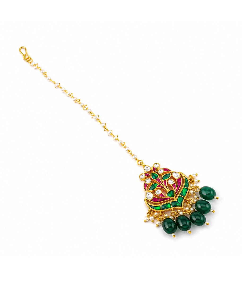Traditional Kundan Maang Tikka | Gold-Toned Green Stone Bridal Headpiece