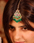 Traditional Kundan Maang Tikka | Gold-Toned Green Stone Bridal Headpiece