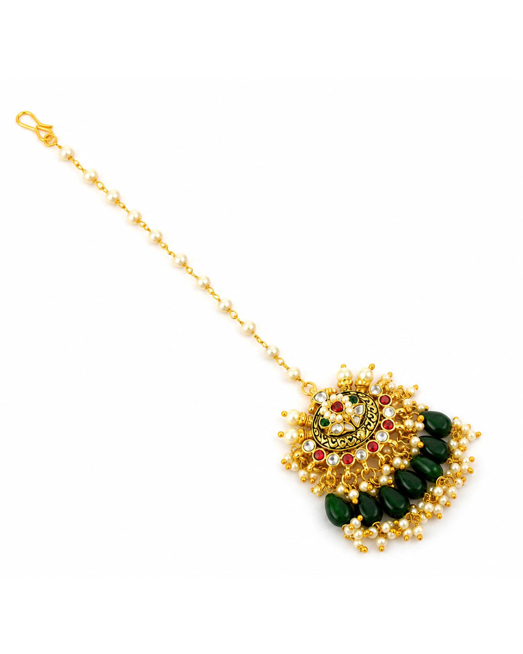 Kundan-Style Maang Tikka | Gold-Toned Headpiece with Dark Green Drops