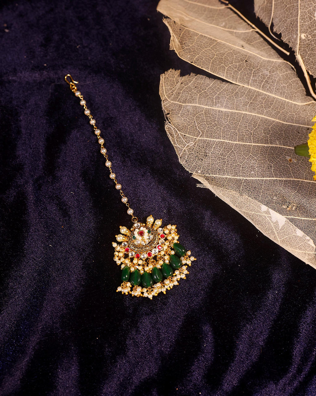 Kundan-Style Maang Tikka | Gold-Toned Headpiece with Dark Green Drops