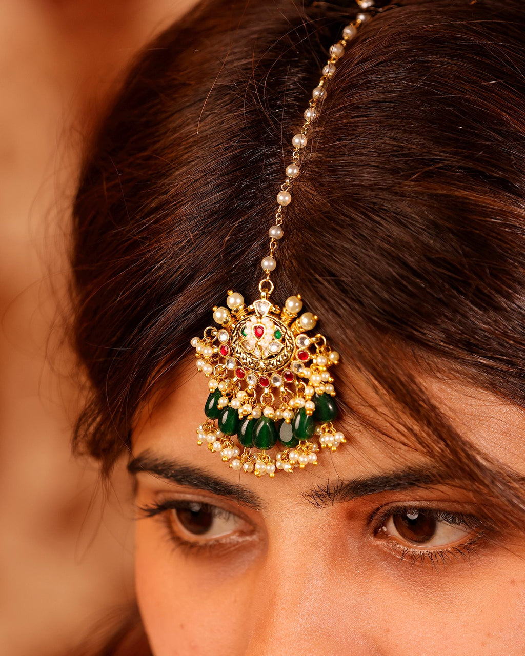 Kundan-Style Maang Tikka | Gold-Toned Headpiece with Dark Green Drops
