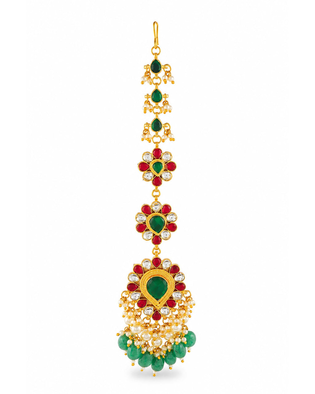 Traditional Kundan Maang Tikka | Gold-Toned Green Stone Bridal Headpiece