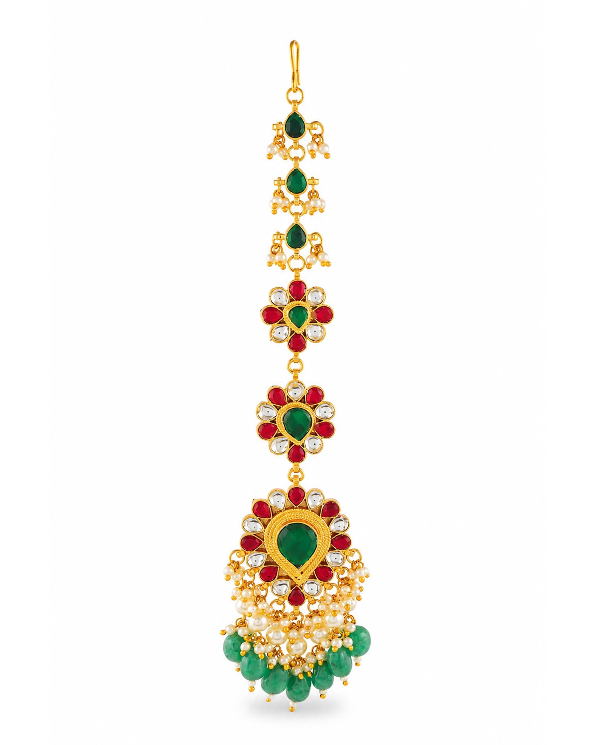 Traditional Kundan Maang Tikka | Gold-Toned Green Stone Bridal Headpiece