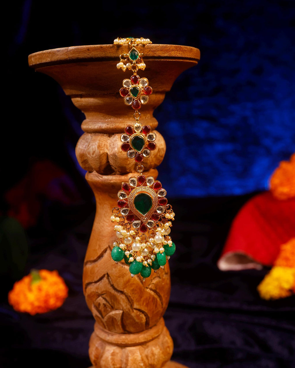 Traditional Kundan Maang Tikka | Gold-Toned Green Stone Bridal Headpiece