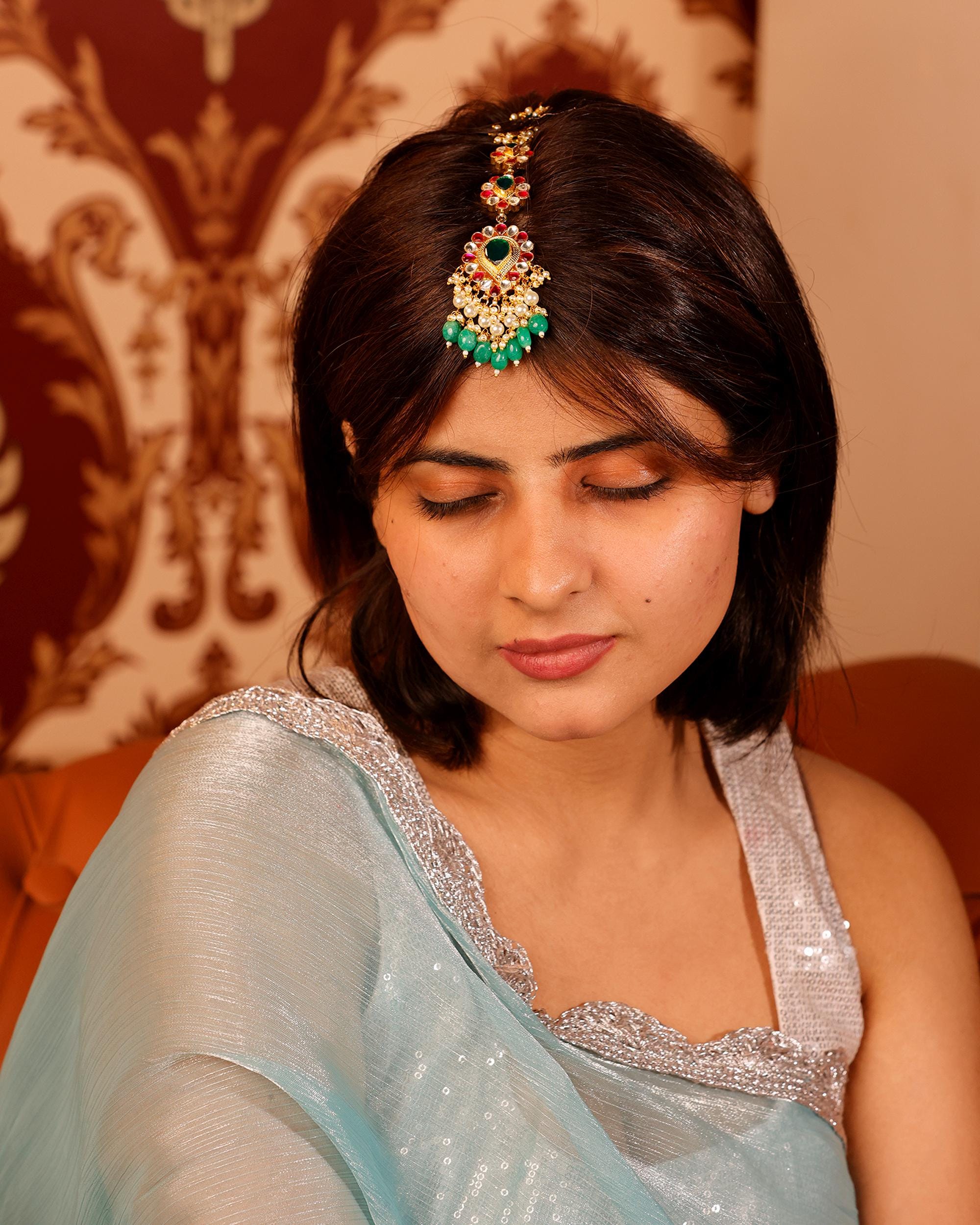 Traditional Kundan Maang Tikka | Gold-Toned Green Stone Bridal Headpiece
