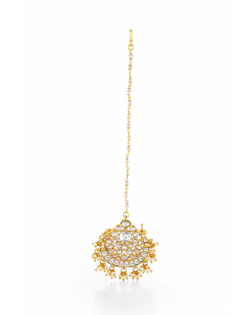 Traditional Kundan Maang Tikka | Gold-Toned Bridal Headpiece, Pearl Accents
