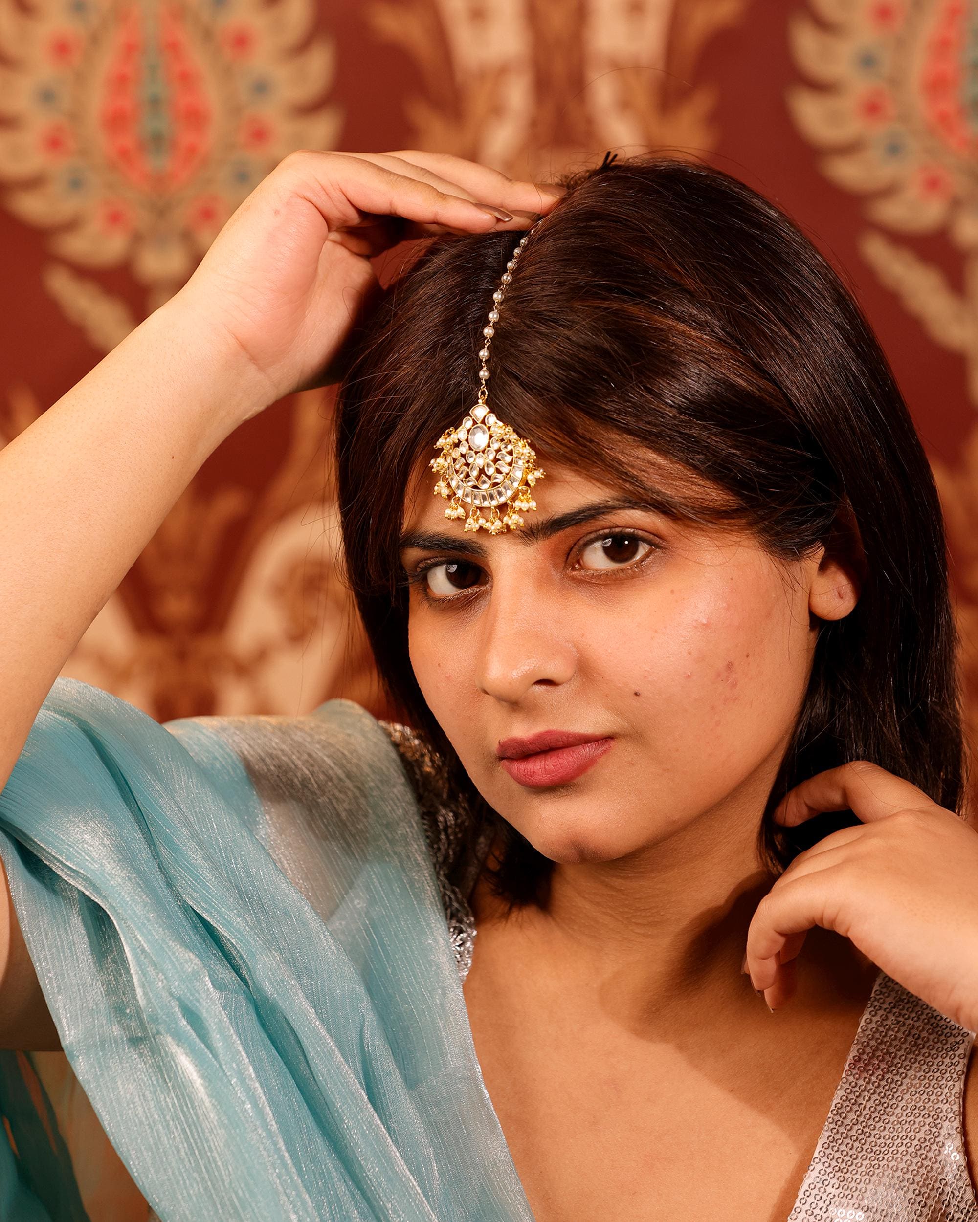 Traditional Kundan Maang Tikka | Gold-Toned Bridal Headpiece, Pearl Accents