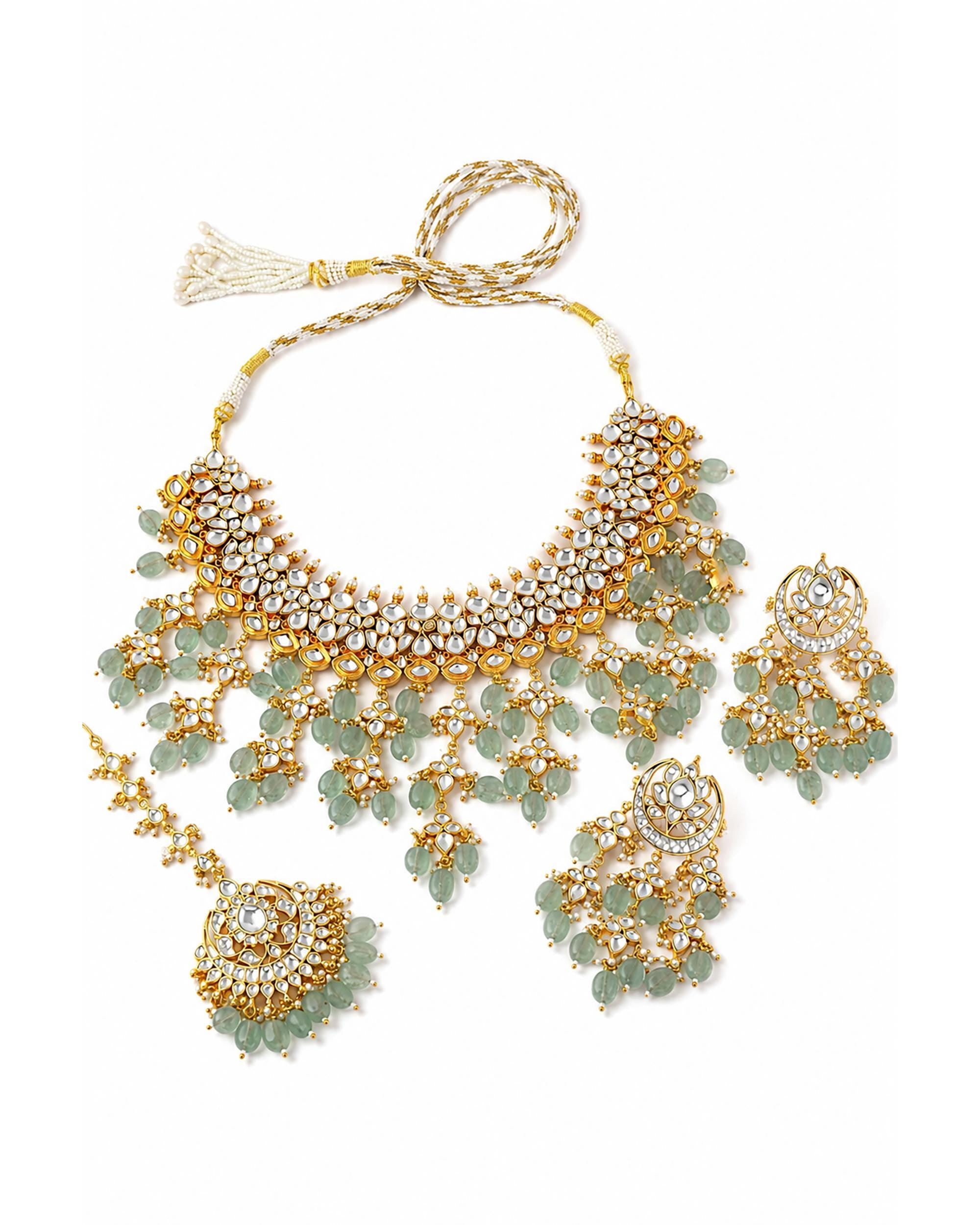 Traditional Kundan Jewelry Set | Green Bead Bridal Necklace, Earrings, Maang Tikka