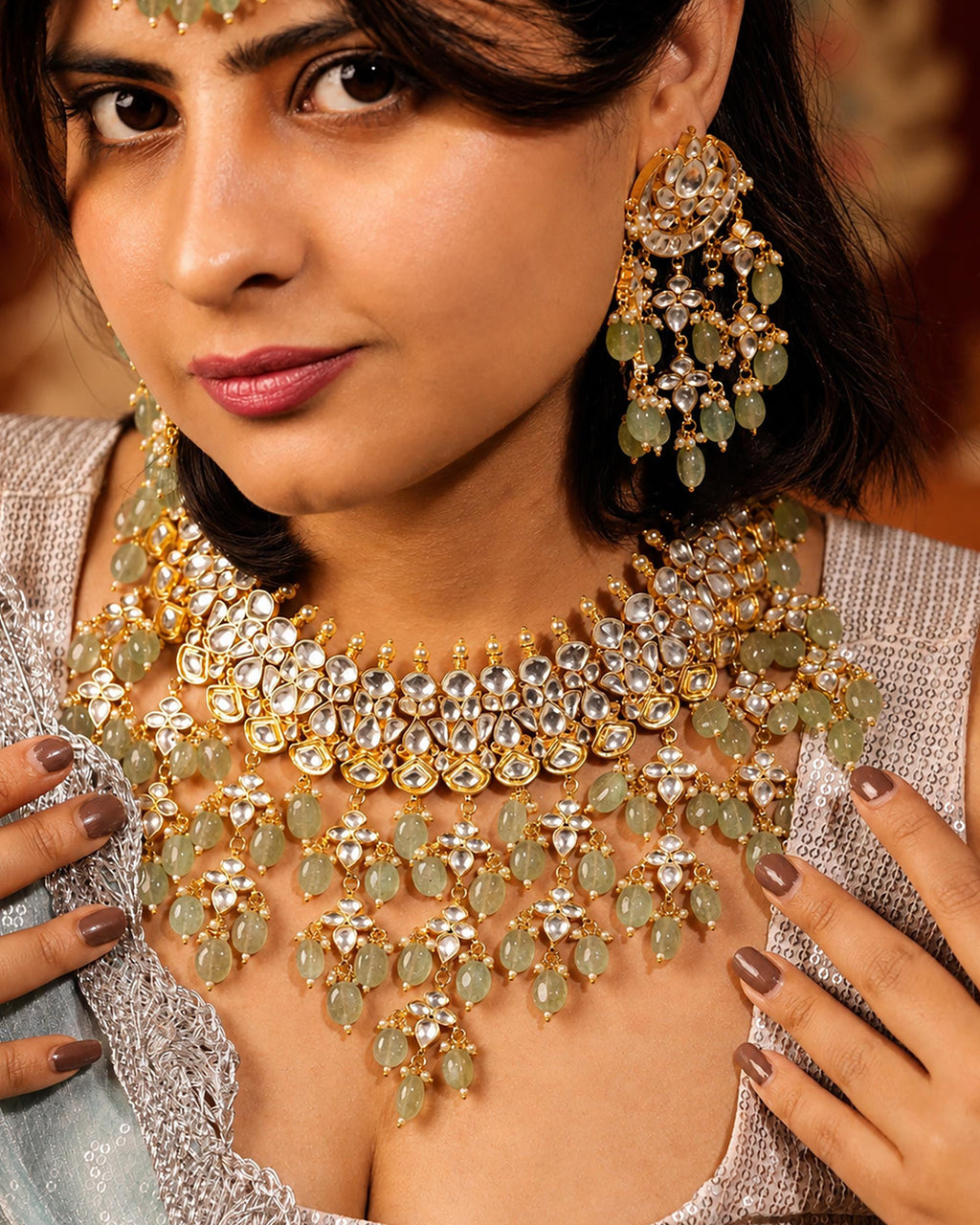 Traditional Kundan Jewelry Set | Green Bead Bridal Necklace, Earrings, Maang Tikka