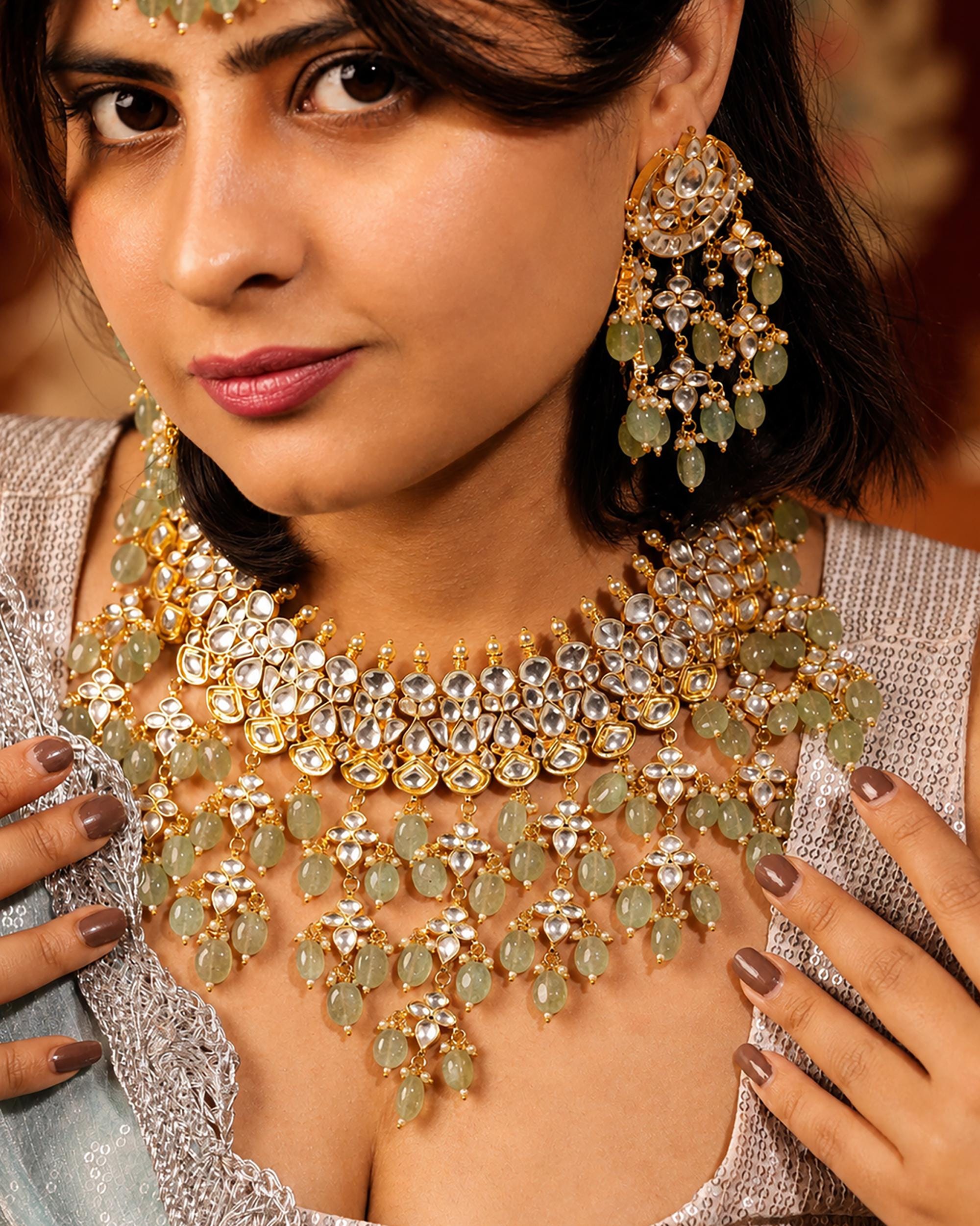 Traditional Kundan Jewelry Set | Green Bead Bridal Necklace, Earrings, Maang Tikka