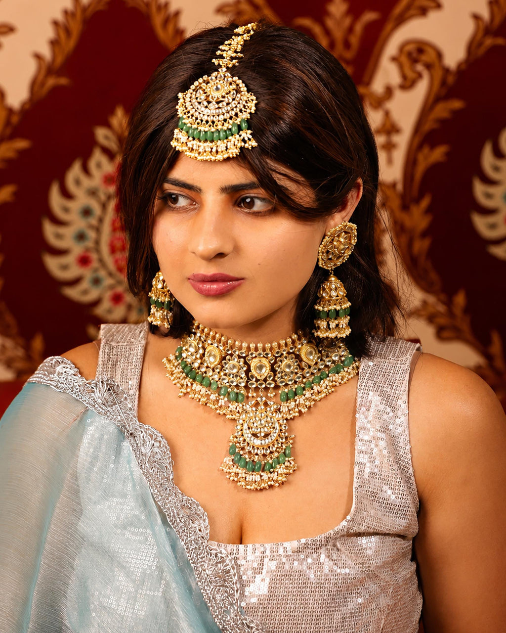 Emerald Green Kundan Bridal Jewelry Set | Indian Wedding Choker Necklace Earrings Maang Tikka
