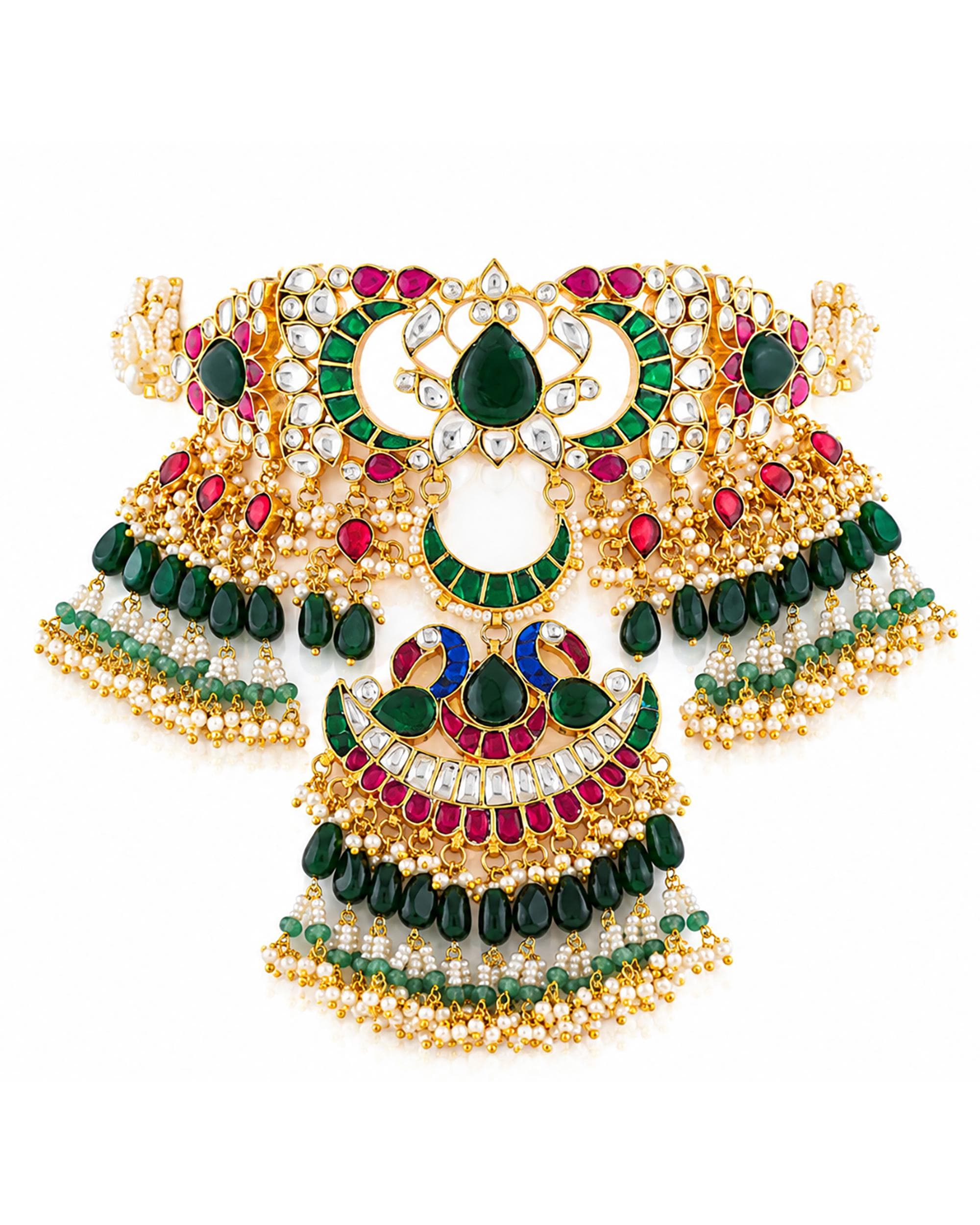 Kundan Bridal Jewelry Set, Indian Wedding Choker, Maang Tikka, Earrings, Green Pink Stones