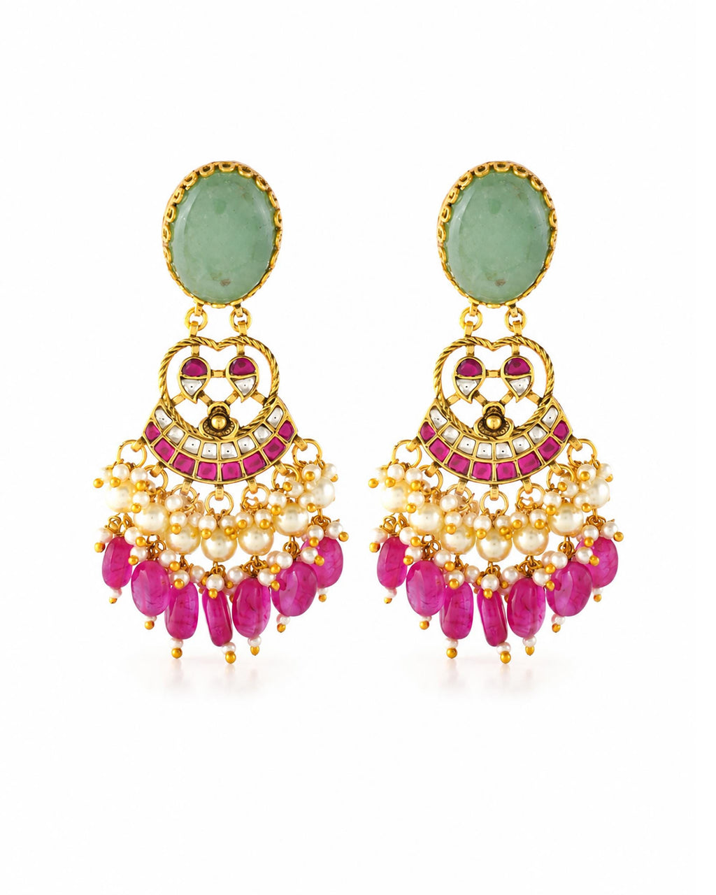 Handcrafted Indian Temple Jewelry Set: Gold Cow Necklace, Jhumka Earrings with Emeralds, Rubies, Pearls