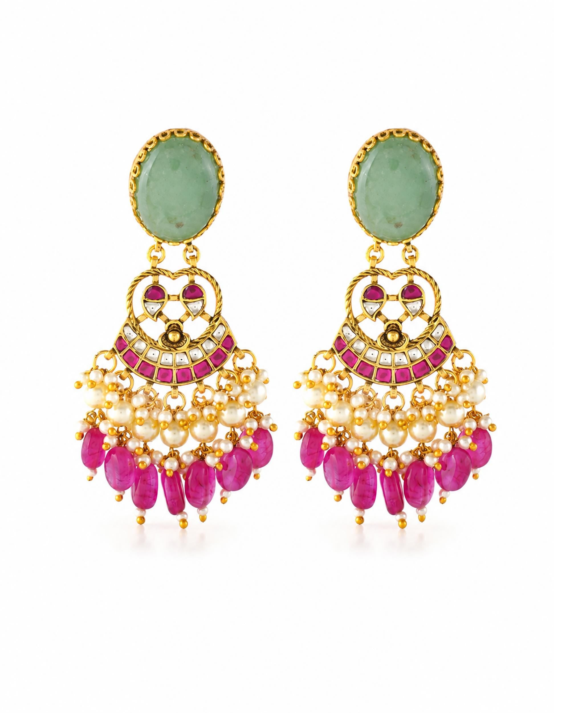 Handcrafted Indian Temple Jewelry Set: Gold Cow Necklace, Jhumka Earrings with Emeralds, Rubies, Pearls