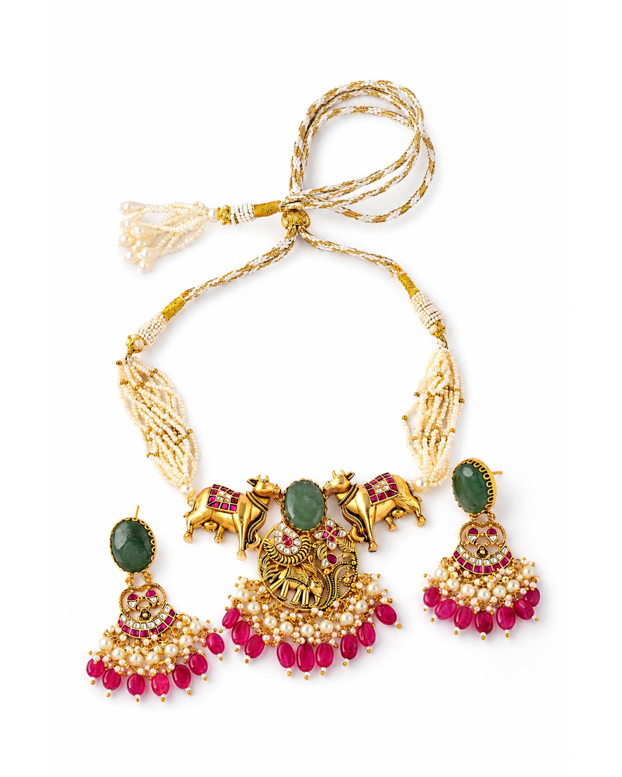 Handcrafted Indian Temple Jewelry Set: Gold Cow Necklace, Jhumka Earrings with Emeralds, Rubies, Pearls