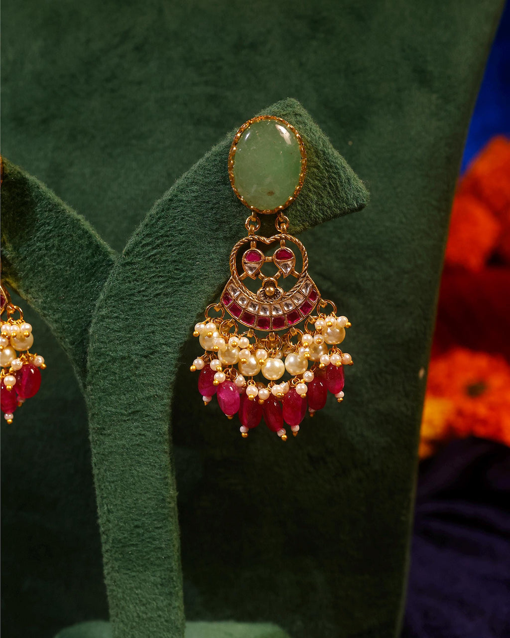 Handcrafted Indian Temple Jewelry Set: Gold Cow Necklace, Jhumka Earrings with Emeralds, Rubies, Pearls