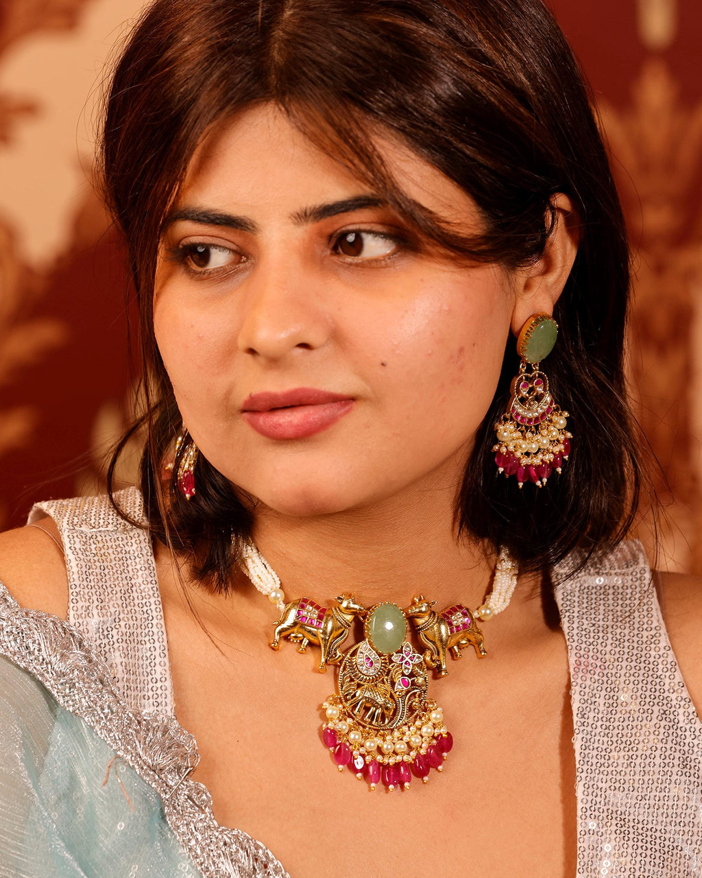 Handcrafted Indian Temple Jewelry Set: Gold Cow Necklace, Jhumka Earrings with Emeralds, Rubies, Pearls