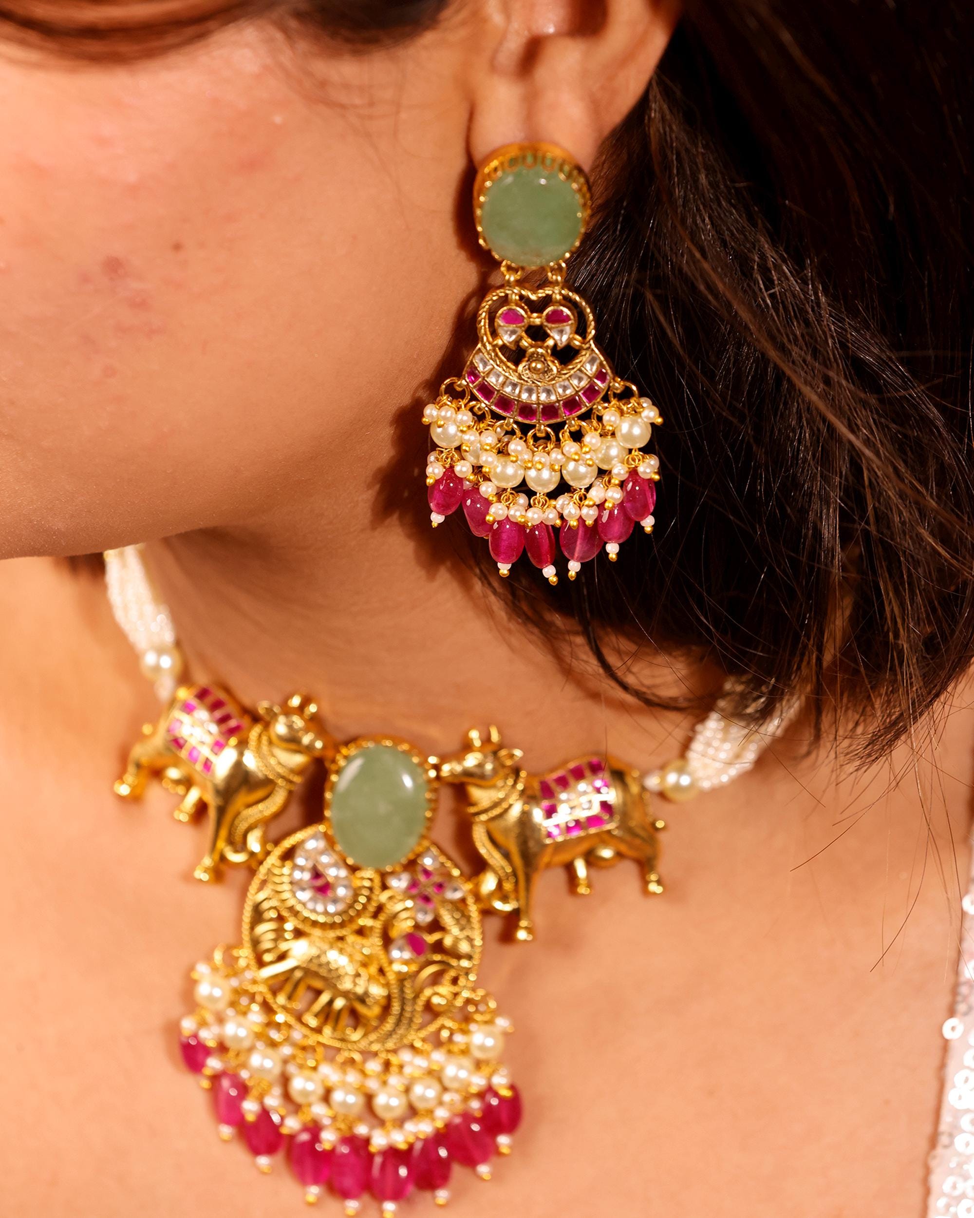 Handcrafted Indian Temple Jewelry Set: Gold Cow Necklace, Jhumka Earrings with Emeralds, Rubies, Pearls