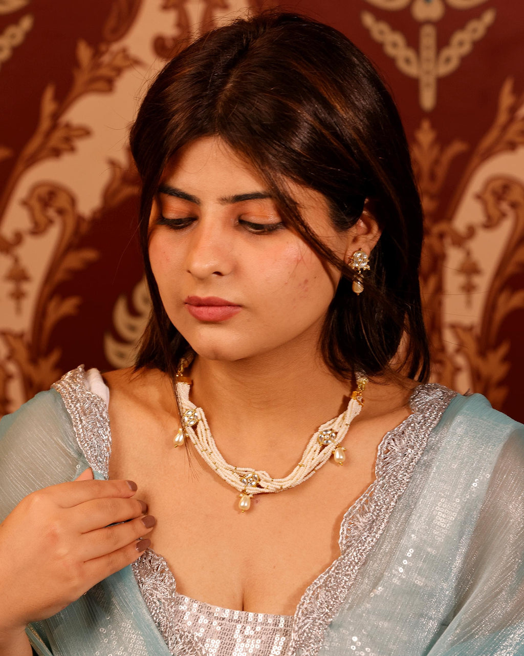 Elegant Multi-Strand Pearl & Kundan Choker Necklace Set  Traditional Indian Ethnic Jewelry