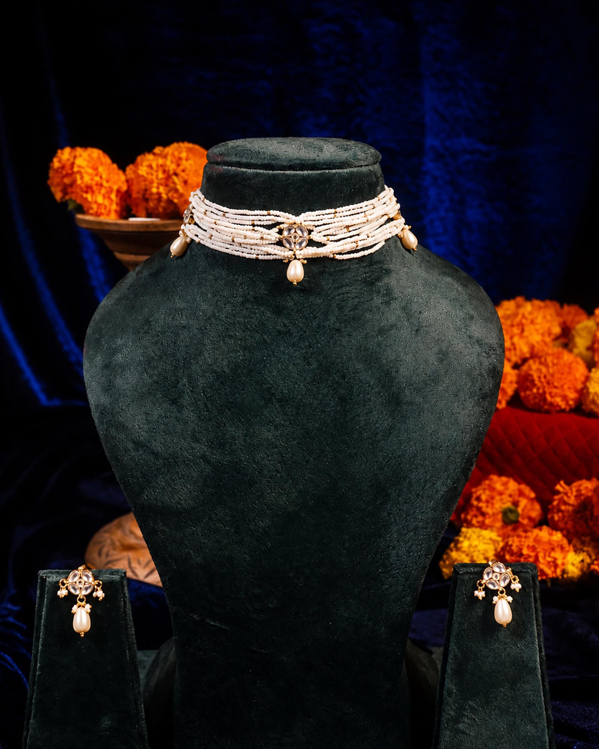 Elegant Multi-Strand Pearl & Kundan Choker Necklace Set  Traditional Indian Ethnic Jewelry