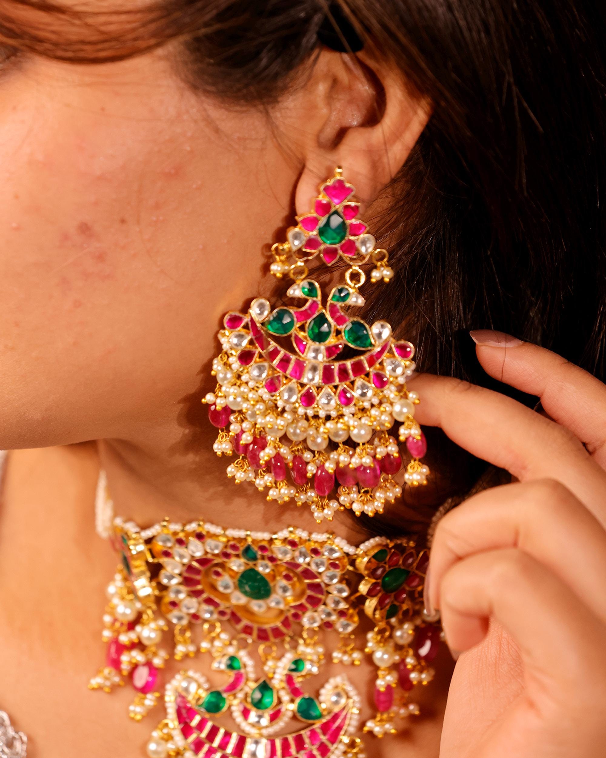Traditional Indian Temple Jewelry Set: Statement Necklace Chandbali Earrings with Rubies, Emeralds Pearls
