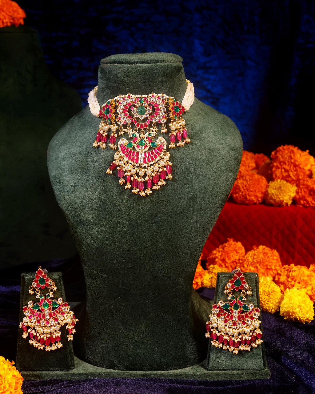 Traditional Indian Temple Jewelry Set: Statement Necklace Chandbali Earrings with Rubies, Emeralds Pearls