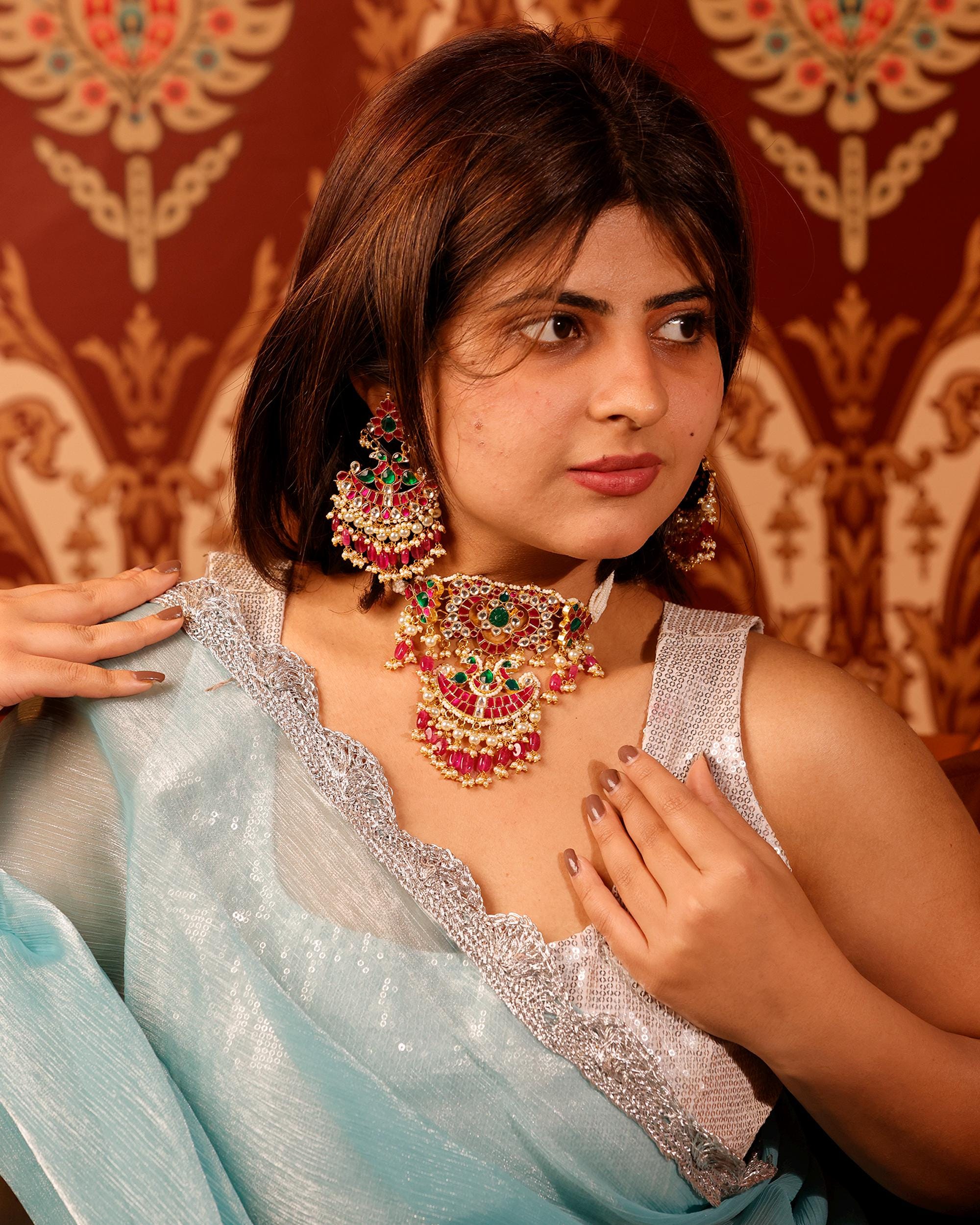Traditional Indian Temple Jewelry Set: Statement Necklace Chandbali Earrings with Rubies, Emeralds Pearls