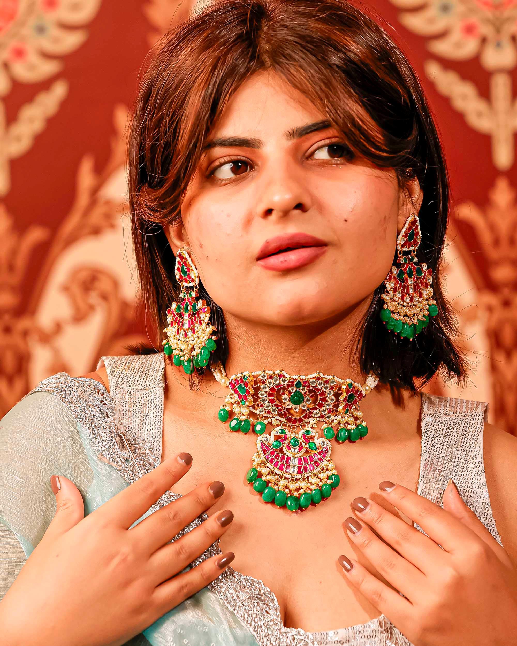 Regal Temple Jewelry Set: Statement Necklace Chandbali Earrings with Emeralds, Rubies & Pearls