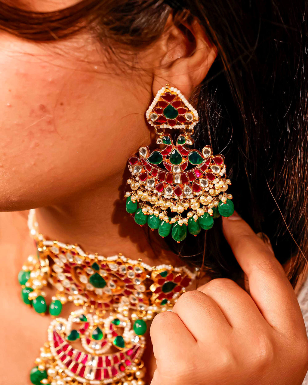 Regal Temple Jewelry Set: Statement Necklace Chandbali Earrings with Emeralds, Rubies & Pearls